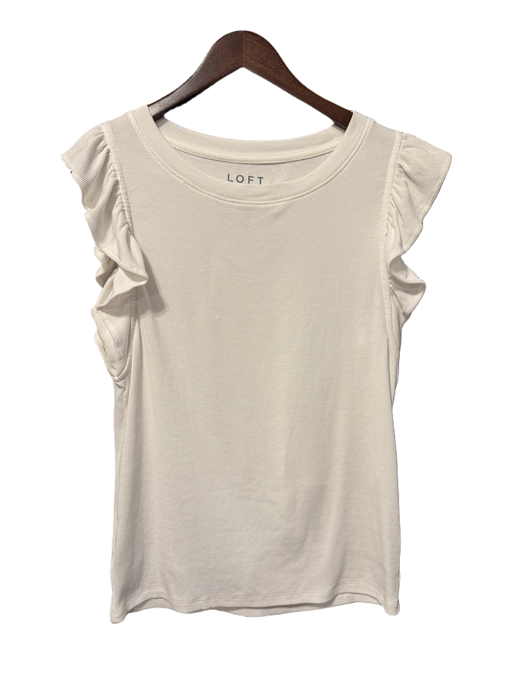 LOFT White Ruffle Cap Sleeve Ribbed Top Size M - Picture 2 of 4
